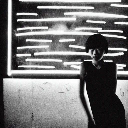 Image similar to foggy neon night, sayaka isoyama leaning back against a wall in a black minidress smoking a cigarette outside a neon lit entrance, 1 9 7 0 s, intricate, moody, tasteful, intimate, highly detailed, short focus depth, artgerm, daido moriyama