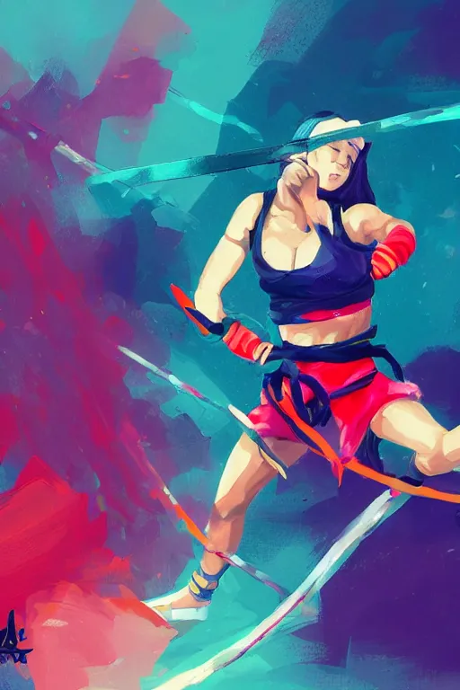 Image similar to female ninja warrior, colorful clothes, wielding short katana, wind in the hair, overcast weather, digital painting, trending on artstation