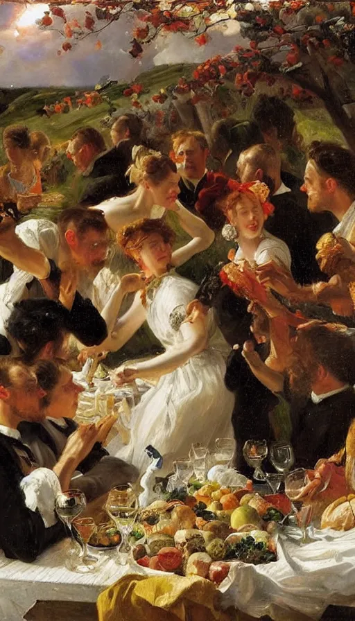 Prompt: still life painting of midsummer party getting hit by hurricane, by Peder Krøyer, golden hour, dramatic lighting, epic, gargantuan, intricate detail, canvas print