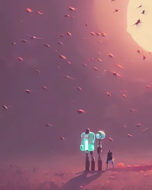 Image similar to a robot surrounded by a flock of birds, cory loftis, james gilleard, atey ghailan, makoto shinkai, goro fujita, character art, exquisite lighting, clear focus, very coherent, plain background, soft painting