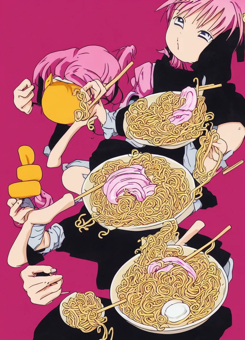 anime girl with pink hair eating ramen noodles, black | Stable Diffusion |  OpenArt