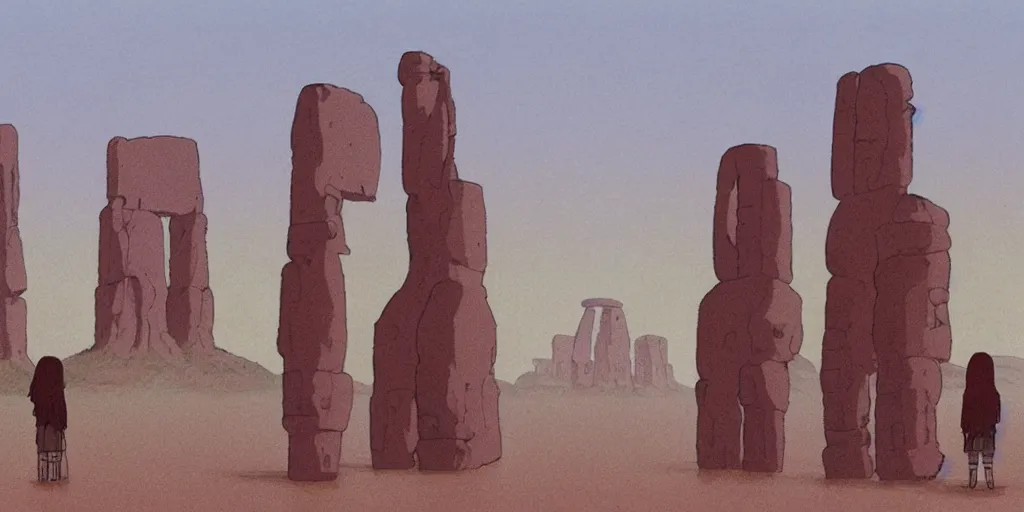 Image similar to a realistic cell - shaded studio ghibli concept art from paprika ( 2 0 0 6 ) of a hairless ape from close encounters of the third kind ( 1 9 7 7 ) in a flooded monument valley stonehenge. very dull colors, wide shot, hd, 4 k, hq