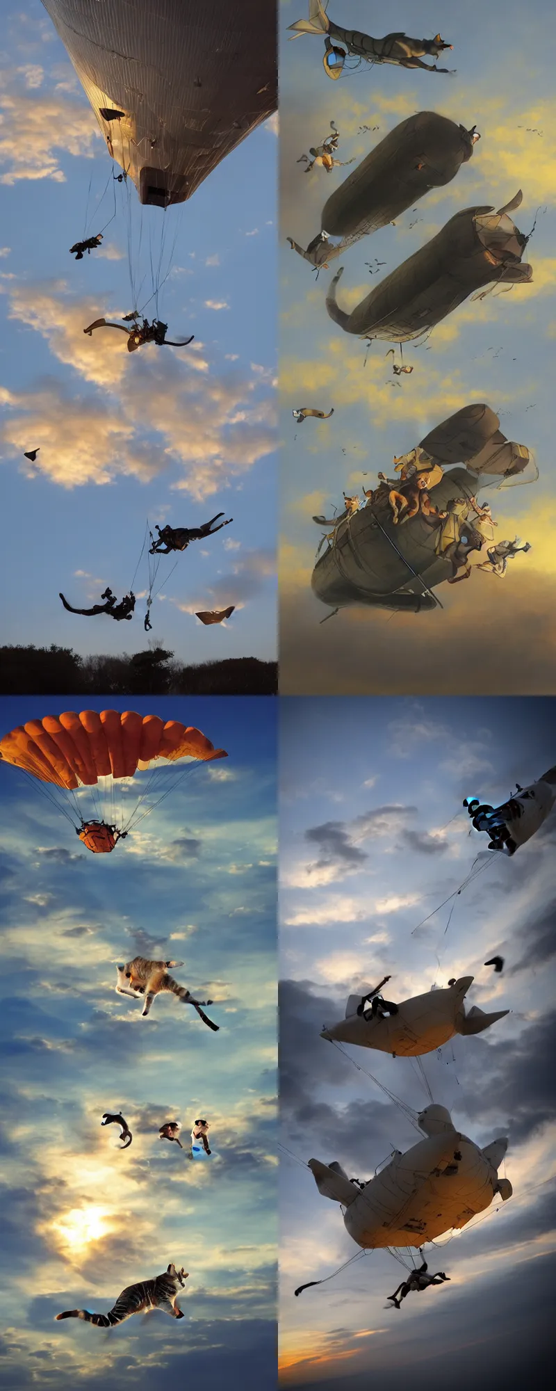 Prompt: cats skydiving from an airship at dusk