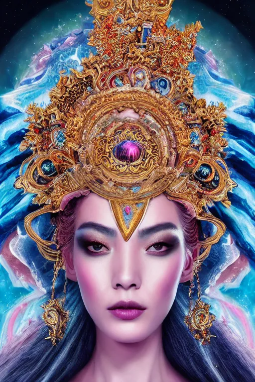 Image similar to a beautiful empress portrait, with a brilliant, impossible striking big cosmic galaxy headpiece, clothes entirely made out of cosmos chaos energy, symmetrical, dramatic studio lighting, rococo, baroque, jewels, asian, hyperrealism, closeup, D&D, fantasy, intricate, elegant, highly detailed, digital painting, artstation, octane render, 8k, concept art, matte, sharp focus, illustration, art by Artgerm and Greg Rutkowski and Alphonse Mucha