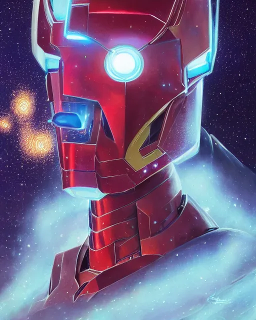 Image similar to a character portrait of handsome iron man with glow, surrounded with spiriling sparkling flash crystals and galaxies, by jesper ejsing, aleksi briclot, hyper light drifter, by ilya kuvshinov katsuhiro, jim burns, ed emshwiller, greg rutkowski, trending on artstation