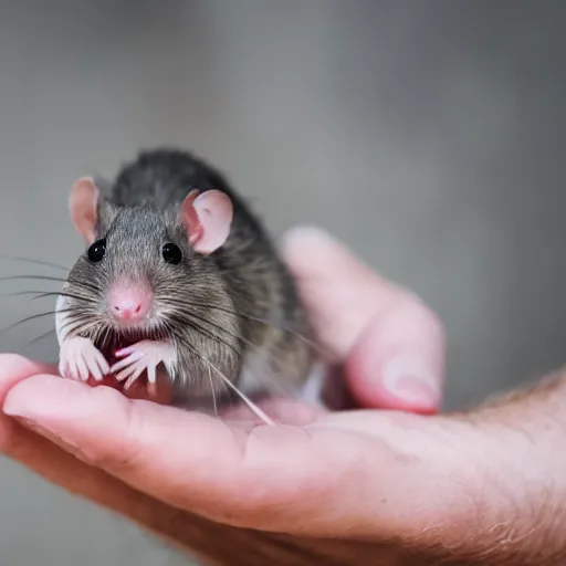 Prompt: ratcatcher 2 holds a cute rat in her hands, photo taken on a nikon, very detailed, 4k