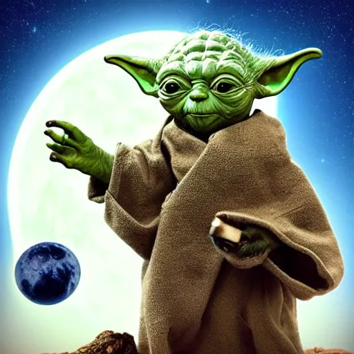 Image similar to “an 8k hi res extremely detailed photorealistic magazine editorial photo shoot pic of yoda with a long bear holding up and praising a glowing hemp leaf on a strange moon. Colorized”