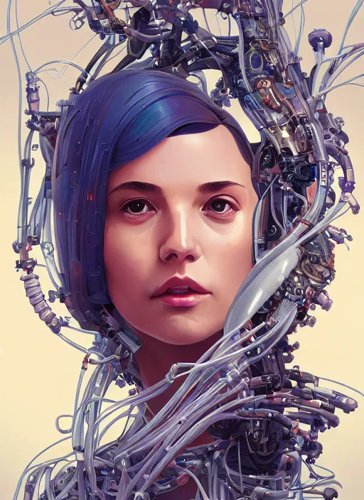 Prompt: beautiful woman, portrait, made of shapes, wires, tubes, veins, jellyfish, white bio - mechanical details, bionic cyborg implants, augments, masterpiece, intricate, biopunk, dramatic lightning, cyberpunk, by loish and makoto shinkai and lois van baarle and ilya kuvshinov and tom bagshaw and alphonse mucha
