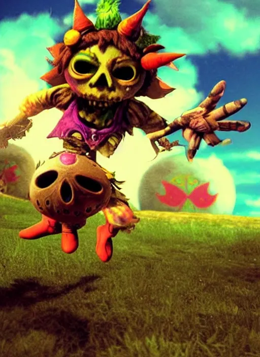 Prompt: skull kid from majoras mask floating in the air while looking at the viewer maniacally, legend of zelda fairy in the background, dramatic lighting, cinematic, film, dynamic pose, movie scene
