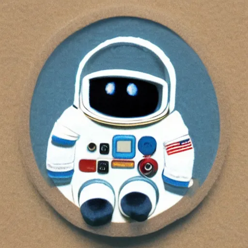 Image similar to polaroid of a cute toy wool astronaut in real space