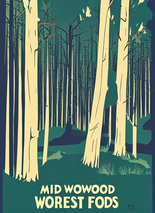 Prompt: a mid-century modern travel poster of Ghostwood National Forest, Twin Peaks