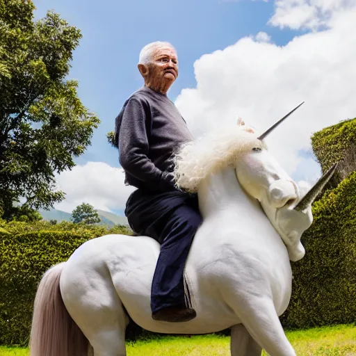 Image similar to An elderly man riding a unicorn, Canon EOS R3, f/1.4, ISO 200, 1/160s, 8K, RAW, unedited, symmetrical balance, in-frame