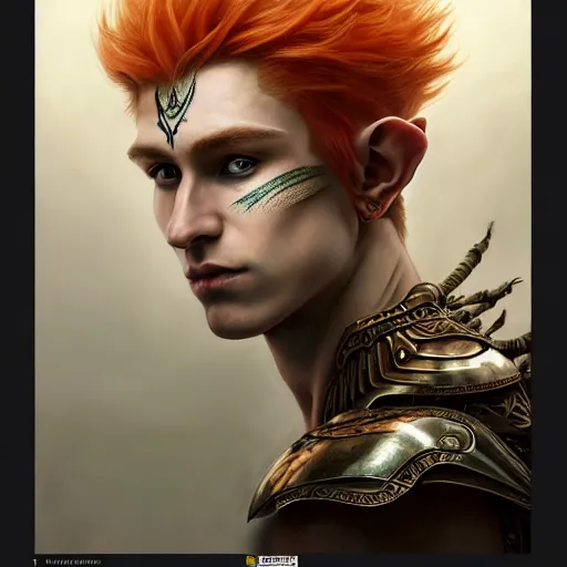 Image similar to portrait painting of an elven male teen with short light orange hair and tribal tattoos on his face wearing fur armor, ultra realistic, concept art, intricate details, eerie, highly detailed, photorealistic, octane render, 8 k, unreal engine. art by artgerm and greg rutkowski and charlie bowater and magali villeneuve and alphonse mucha