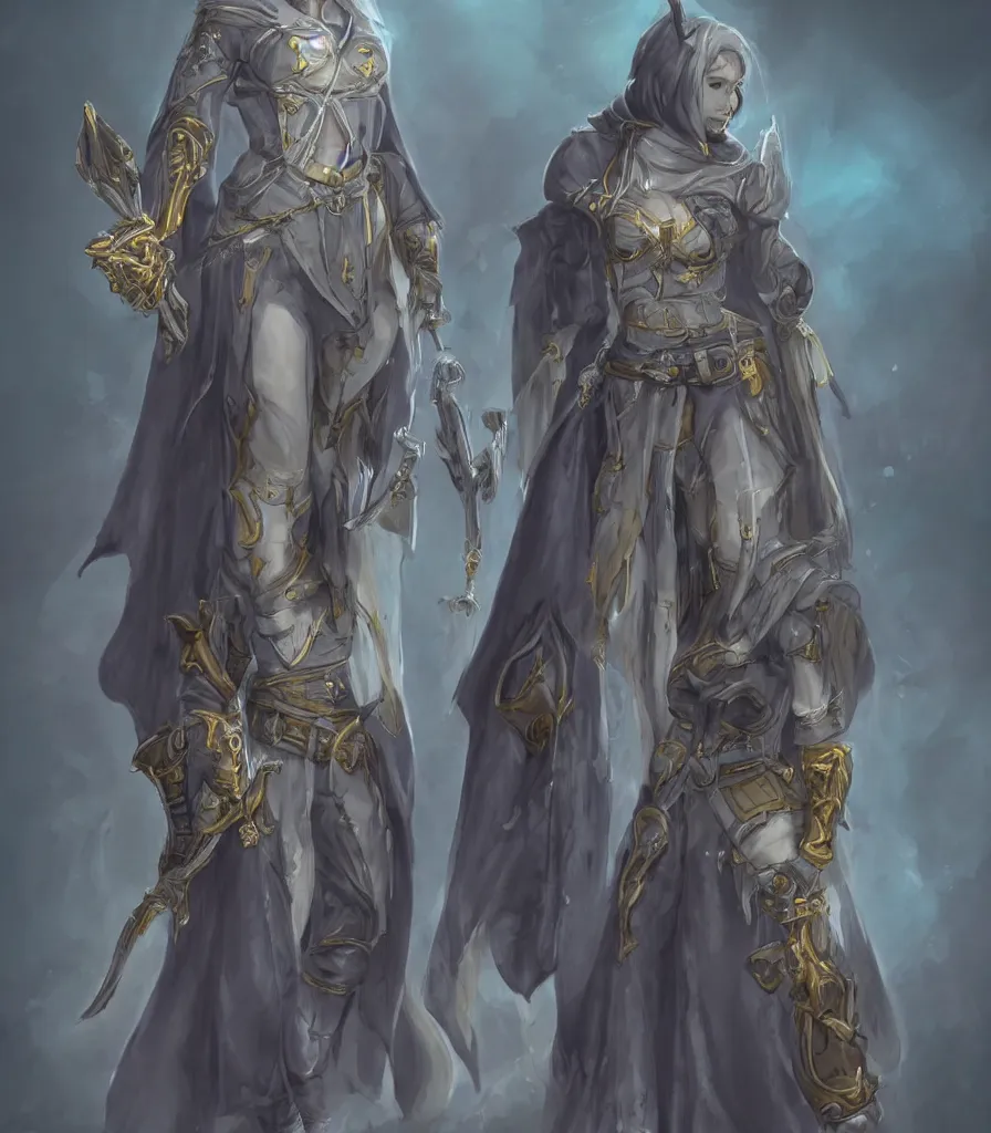 Image similar to female character concept, tiefling cleric gunslinger holding pistol, final fantasy concept, full body, grey skin, fine detailed, demon tail, blue cleric priestess robe with golden embroidery, nun veil, final fantasy character art, game character design, dark fantasy