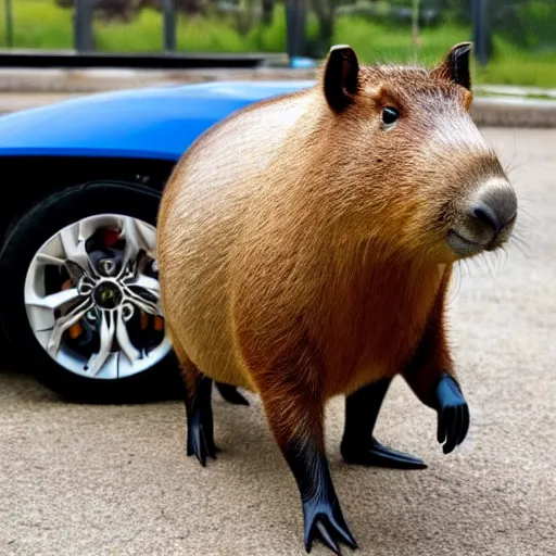 Prompt: a capybara with a shotgun driving a lamborghini
