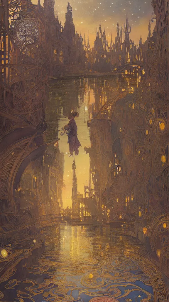 Image similar to a beautiful painting of the view from the river of an ancient many stories tall, narrow round cylindrical tower, with art nouveau architecture, at night with a sky full of stars, intricate, elegant, highly detailed, digital painting, artstation, concept art, by krenz cushart and artem demura and alphonse mucha