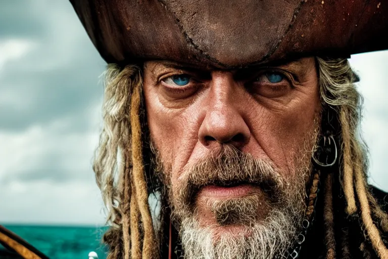 Image similar to promotional image of hugh laurie as a gritty pirate captain in the new Pirate of the Carribean movie, dark stormy weather, detailed face, movie still frame, promotional image, imax 70 mm footage