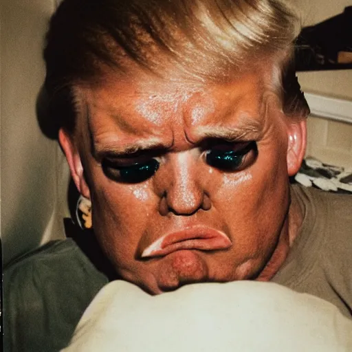 Image similar to 35mm photo of trump, crying, tantrum, moist, greasy, creepy, shiny