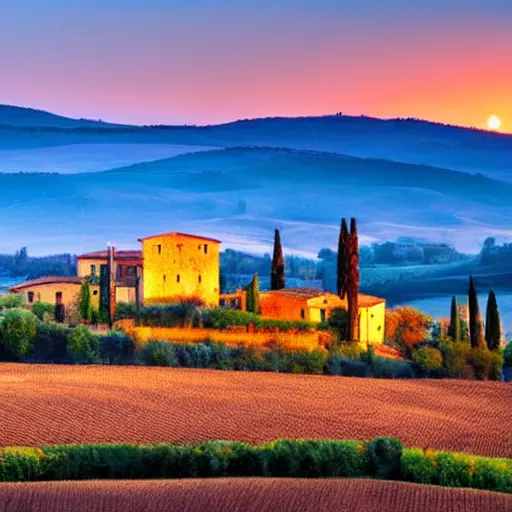 Prompt: landscape of Tuscany, golden sunset, castle in the distance, warm light, romantic setting