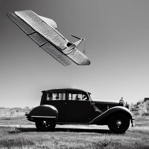 Image similar to old vintage car flyhing above the village, photograph in black and white