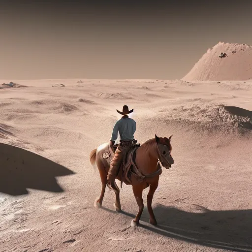 Image similar to cowboy riding a horse on the moon, earth in the background, photorealistic, octane render, blender render, unreal engine