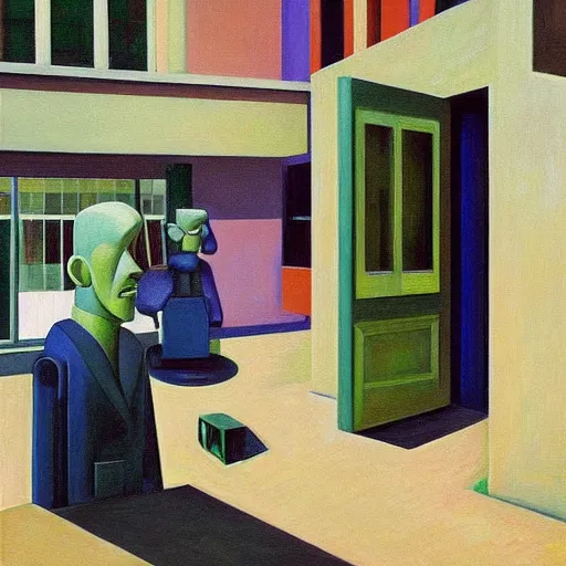 Image similar to robot cafe, blocky courtyard, grant wood, pj crook, edward hopper, oil on canvas