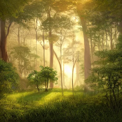 Image similar to A beautiful and serene digital painting of a verdant and lush forest with a golden hour sunset, by Orazio Cos is and Christopher Heyerdahl, matte painting, lifelike, no blur, details, sharp focus, elegant, highly detailed, illustration, intricate, beautiful, trending on artstation, pixiv, oil painting, golden ratio, studio lighting, 50mm lens, 100mm lens, volumetric lighting, highly coherent, enigmatic, HD