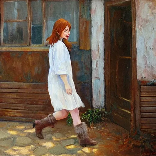 Image similar to emma stone in boots walking to outdoor toilet, russian depression, chthonic, by shulzhenko, nikolay kopeykin, lozhkin, vdovenko, oil painting art