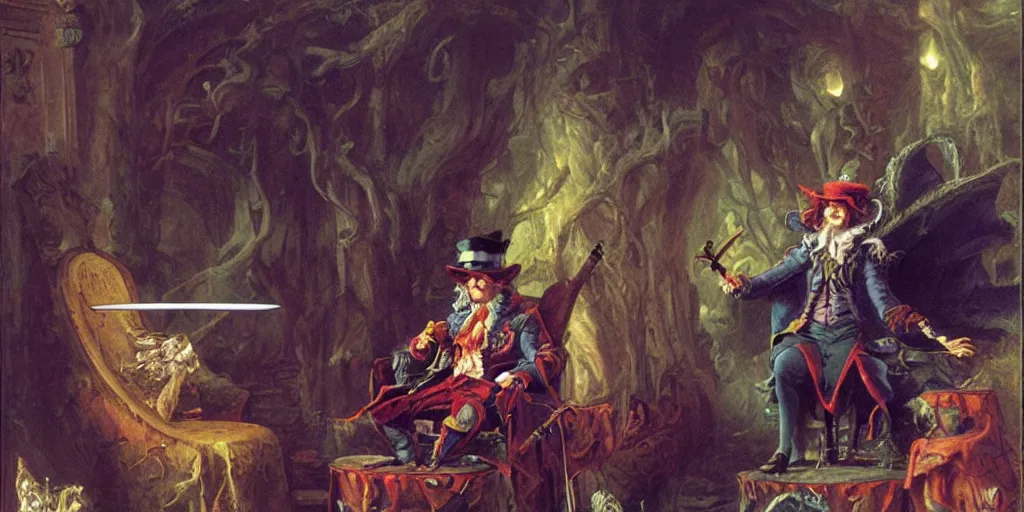 Prompt: the Mad hatter seated on his throne, surrounded by his court, holding his sword stabberwocky, by Thomas Cole and Wayne Barlowe