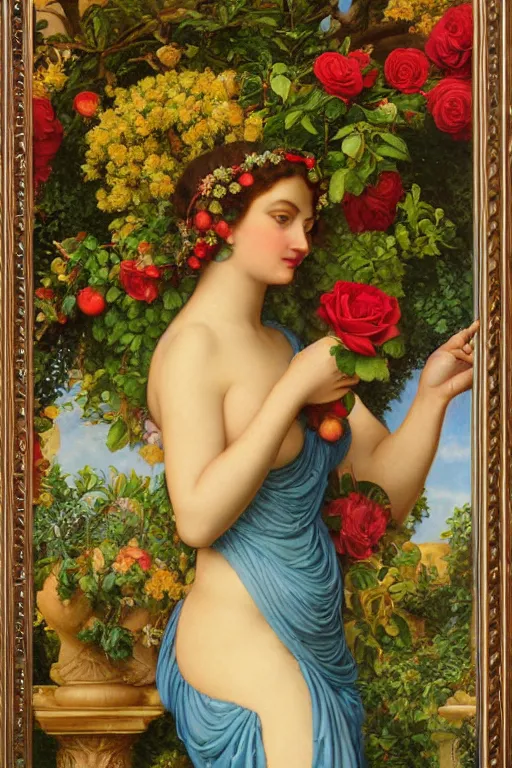 Prompt: beautiful oil painting of the goddess Aphrodite holding a rose, ornate golden design background, leaf clothing, colourful apples, roses, plants, by John William Godward and Anna Dittman, masterpiece