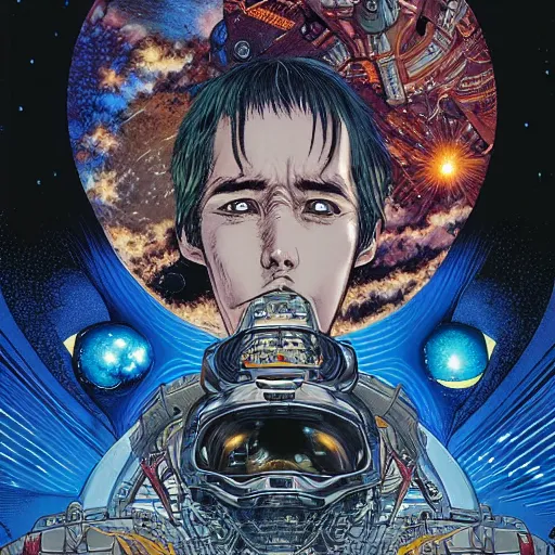Image similar to portrait of crazy interstellar explorer, symmetrical, by yoichi hatakenaka, masamune shirow, josan gonzales and dan mumford, ayami kojima, takato yamamoto, barclay shaw, karol bak, yukito kishiro