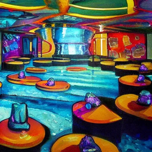 Image similar to a painting of the lost nightclub of Atlantic. An underwater dance floor.