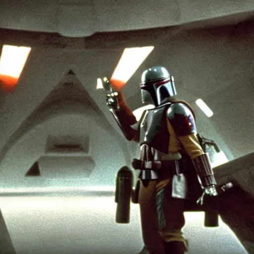 Prompt: cinematic shot of Boba Fett in Star Wars the empire strikes back