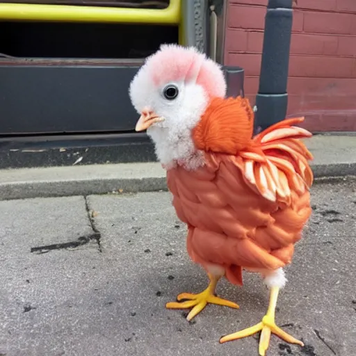 Prompt: cute baby chicken dressed as an inmate, campau mike style
