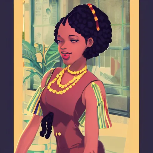 Image similar to portrait of a beautiful jamaican girl with rasta hair dressed in 1920's fashion, speakeasy bar background, mood lighting, ambient lighting, dynamic lighting, 4k, official media, anime key visual, makoto shinkai, ilya kuvshinov, lois van baarle, rossdraws, detailed, trending on artstation