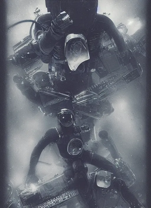 Image similar to polaroid astronauts in dark and empty void underwater - complex and hyperdetailed technical suit. reflection and dispersion materials. rays and dispersion of light. volumetric light. 5 0 mm, f / 3 2. noise film photo. flash photography. ultra realistic, wide angle. poster by wayne barlowe, hajime sorayama aaron horkey, craig mullins