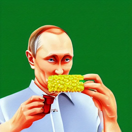 Image similar to a person looking like vladimir putin eating piccolo with sponch bob, digital painting