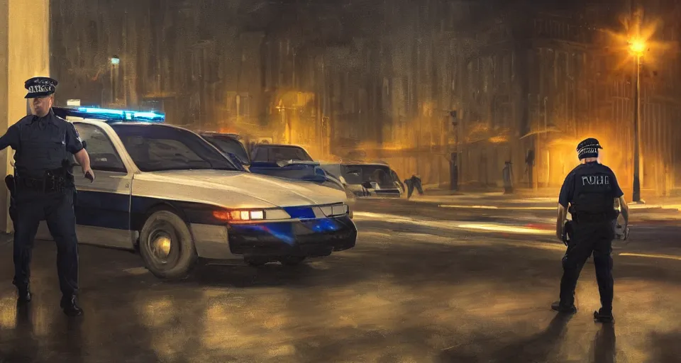 Image similar to as a painting, man getting arrested by police, police car in background with bright police sirens, lens glare, dramatic lighting, cinematic, establishing shot, extremely high detail, photo - realistic, cinematic lighting