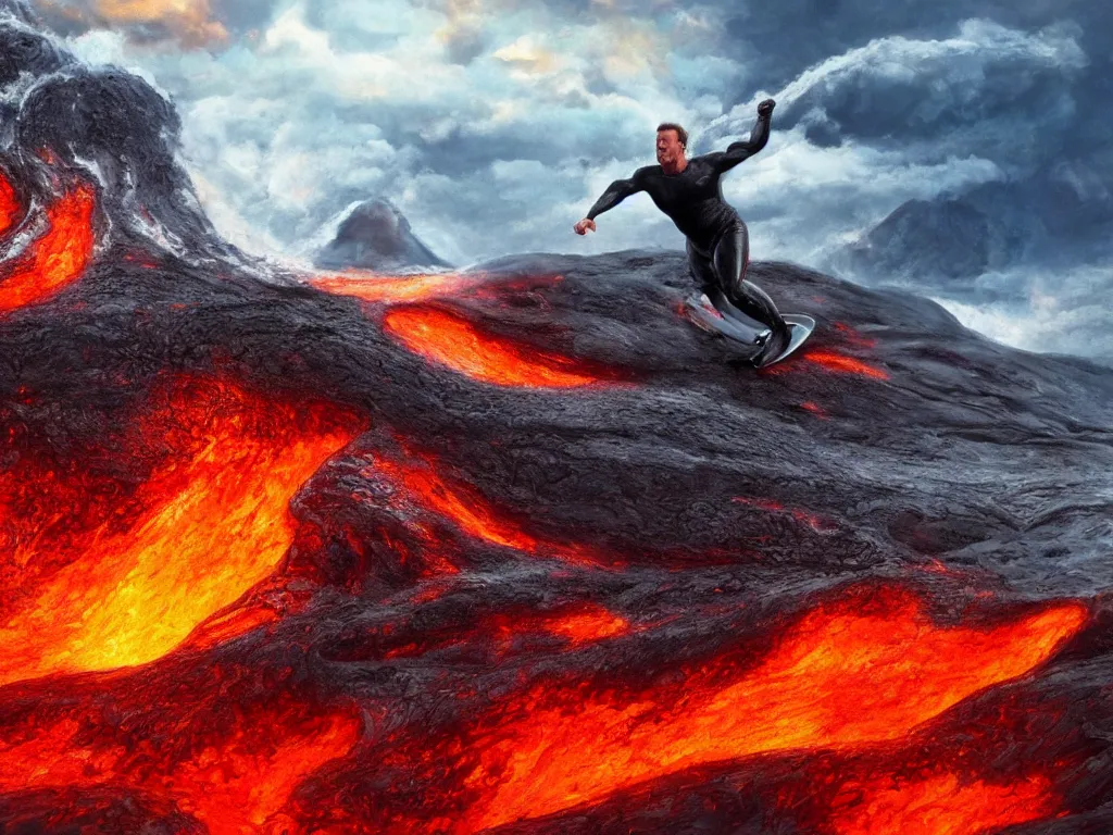 Prompt: arnold schwarzenegger surfing on lava from an erupting volcano, stunning scene, 8 k, digital painting, hyperrealism, bright colors, trending on artstation