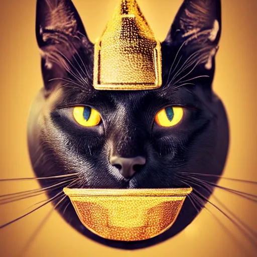 Prompt: portrait. black cat wearing a gold medieval knight armor. particle effects, cinestill, afrofuturism, sci - fi fantasy, 3 d render, stunning, regal