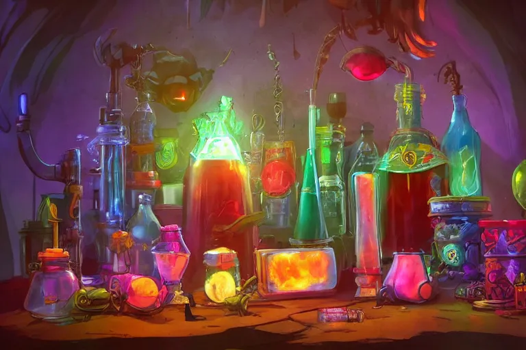 Prompt: a small rack filled with five colorful glowing concoctions, magical potions, fantasy artwork, featured on artstation