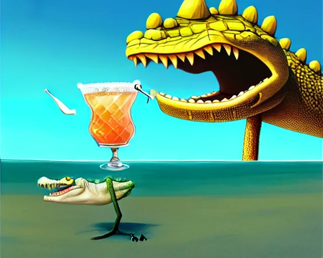 Prompt: A crocodile drinking a cocktail at the beach, Funny cartoonish, by Gediminas Pranckevicius H 704