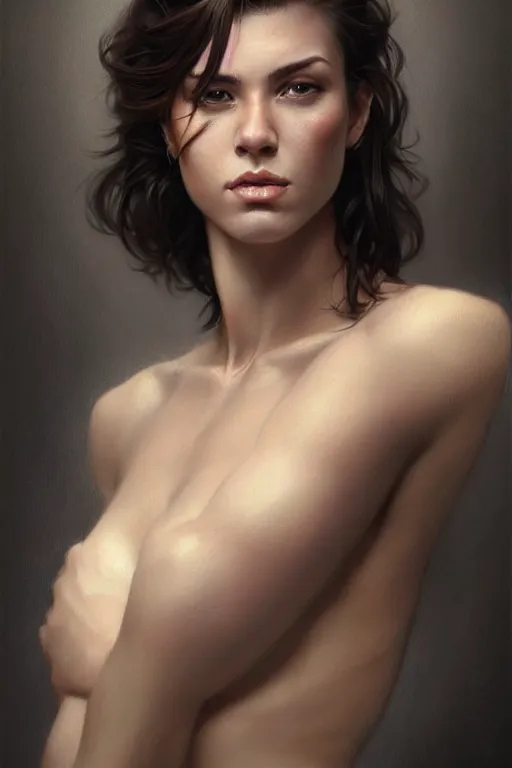 Prompt: photorealistic portrait of a young butch professional woman, handsome, female, masculine, upper body, fantasy, fierce, sharp features, intricate, elegant, highly detailed, digital painting, artstation, concept art, matte, sharp focus, illustration, art by artgerm and greg rutkowski and alphonse mucha