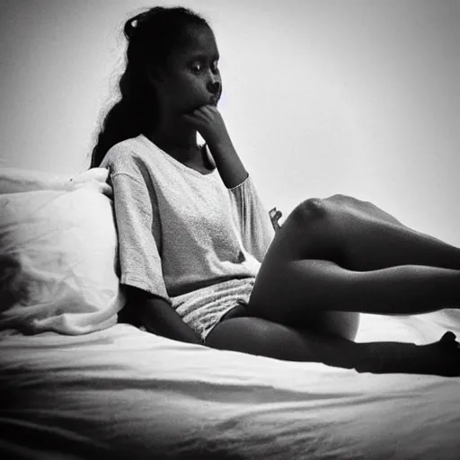 Image similar to girl is sitting on a bed with her legs crossed, a black and white photo by harriet powers, instagram contest winner, shock art, 2 0 megapixels, art on instagram, photocopy