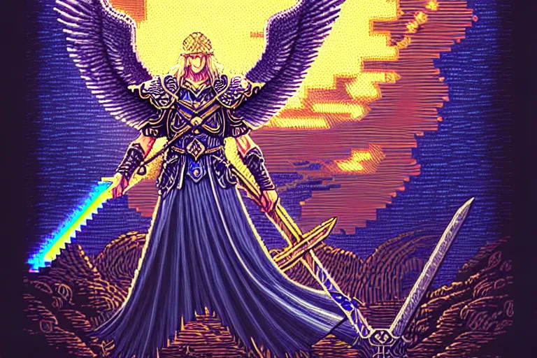 Image similar to odin wielding the divine lance, valkyrie profile game, beautiful detailed pixelart by albertov, intricate details, beautiful, dithered gradients, volumetric lighting, cgsociety, artstation, smooth, sharp focus, 2 d illustration, amazing art by dan mumford, old school computer game graphics, crpg, d & d, pixel art