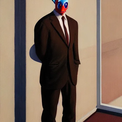 Prompt: Portrait of a man wearing a business suit with a fly head, very coherent, painted by Edward Hopper, Wayne Barlowe, painted by James Gilleard, airbrush, art by JamesJean
