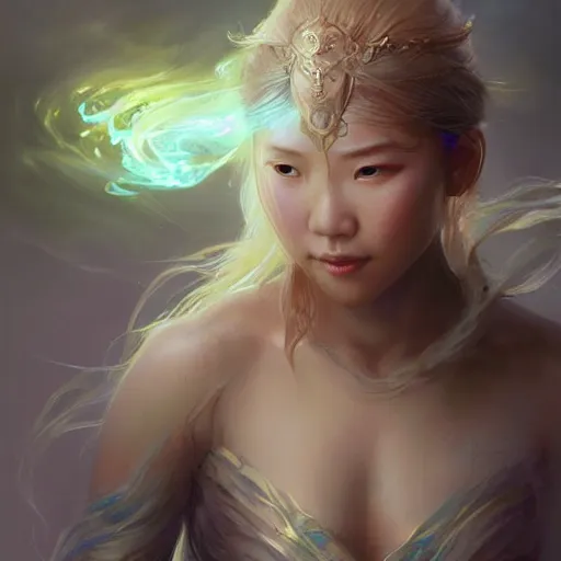 Prompt: asian female water elemental, lifelike, portrait, highly detailed, digital painting, artstation, concept art, sharp focus, illustration, cinematic lighting, art by artgerm and greg rutkowski and alphonse mucha 7 7 7 7