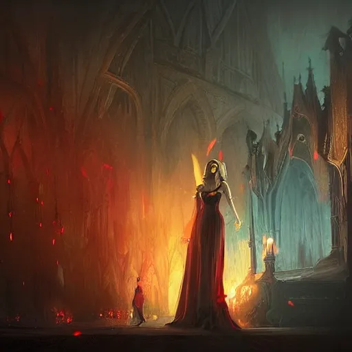 Prompt: vampire princess summons burning demon serious colorful gothic ceremony 4 k high definition soft diffuse lighting artstation trending path traced contrast light and dark colorful bokeh massive scale cinematic breathtaking, art by greg rutkowski