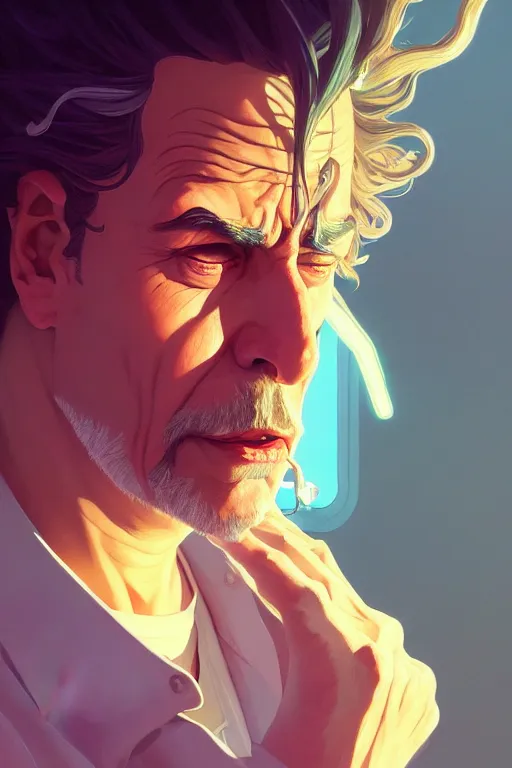 Prompt: a portrait of rick sanchez, fantasy, sharp focus, intricate, elegant, digital painting, artstation, matte, highly detailed, concept art, illustration, ambient lighting, art by ilya kuvshinov, artgerm, alphonse mucha, and greg rutkowski