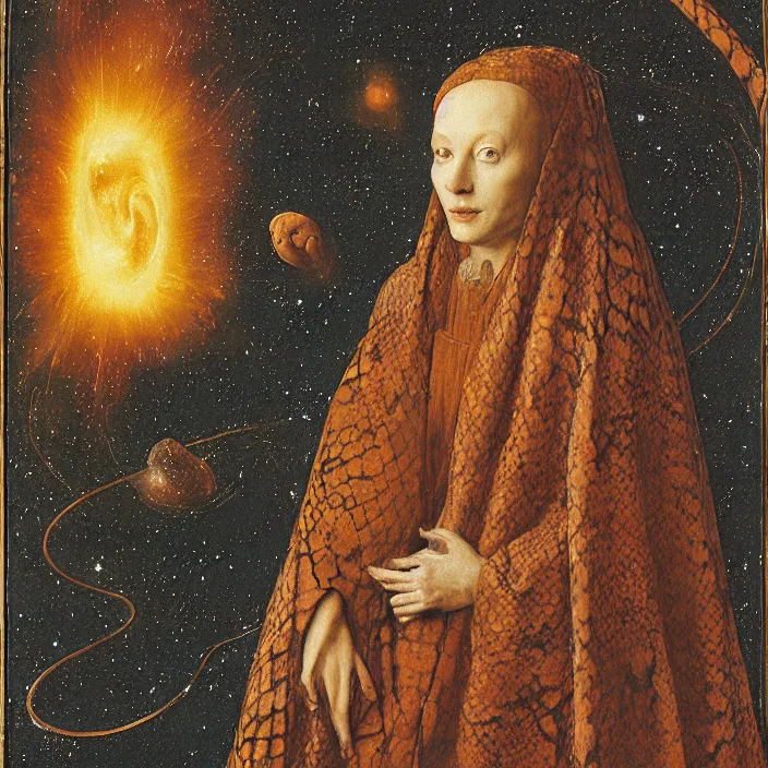 Image similar to a closeup portrait of a cloaked woman floating next to a snake nebula, snake nebula, by jan van eyck